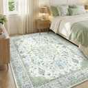 RELEANY Washable Area Rug, 5'x8', Green/White/Blue