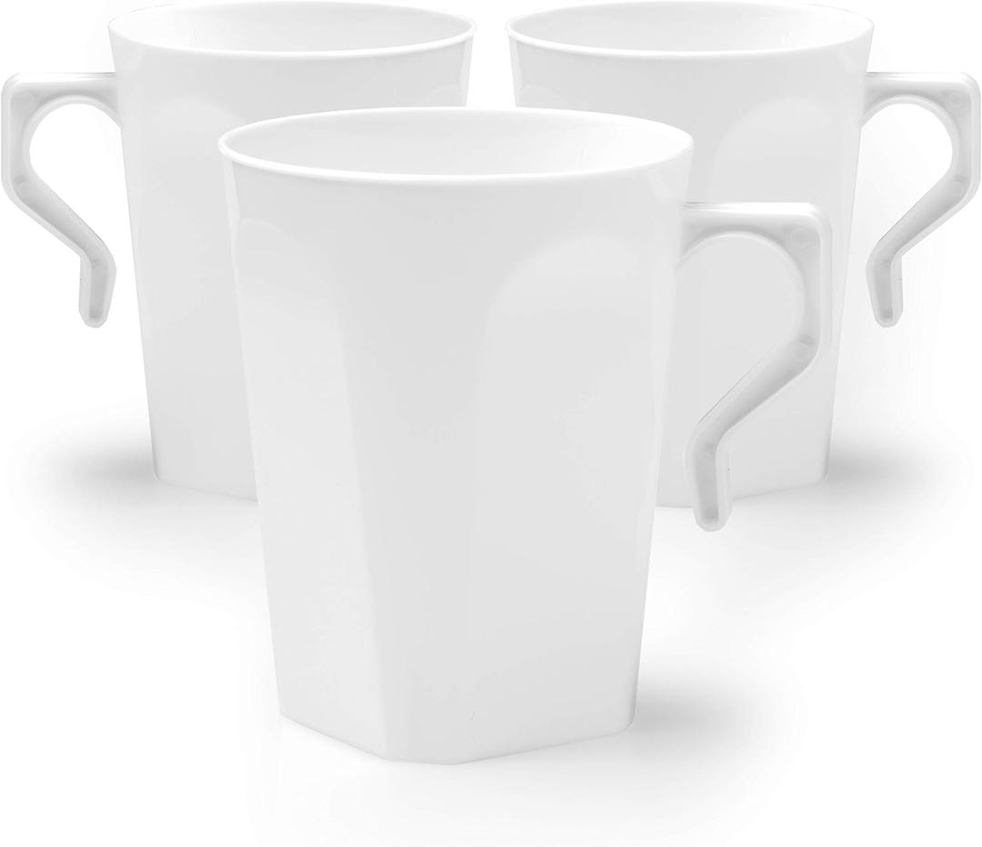 Ilyapa 50 Plastic Coffee Cups with Handles, 8 oz White - Disposable or Reusable Mug Pack