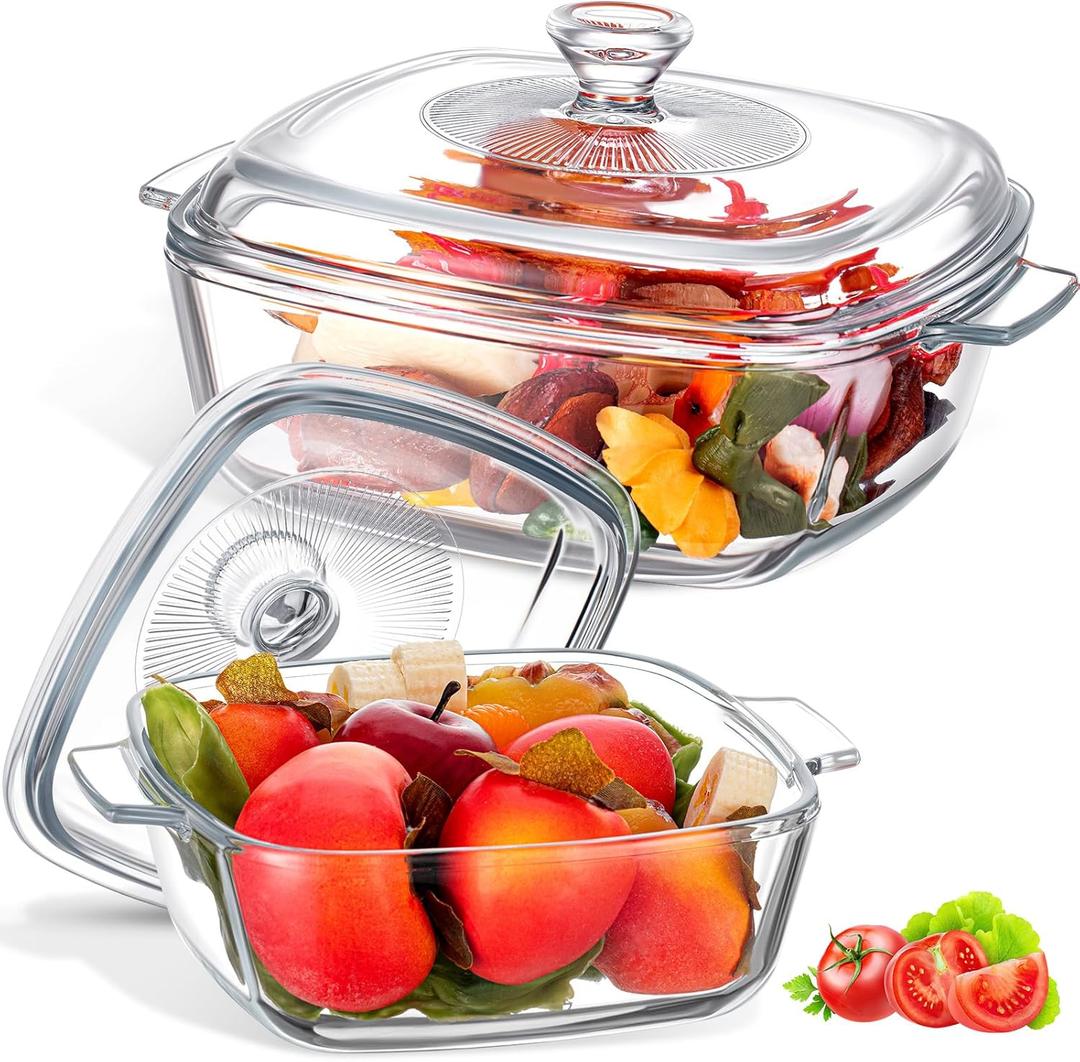 Maxcheck 2 Pieces Glass Casserole Dish with Lid 0.8L/ 1.5L Baking Casserole Dish Covered Cookware Microwave Bowls with Handle for Kitchen Restaurant Home Party Cooking, Oven Safe (Square)