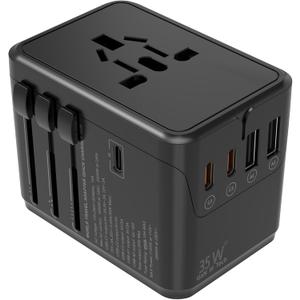 Universal Travel Adapter Worldwide- 35W GaN III/PD Fast Charge European Travel Plug Adapter with 3 USB-C& 2 USB-A Ports, International Power Adapter for US to Europe UK AUS Japan(Type C/G/A/I) (black)
