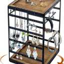 MyGift 360 Rotating Black Metal and Solid Wood Jewelry Organizer Stand Urban Modern All-in-One Display Holder for Earrings, Necklaces, Bracelets, Rings & Watches