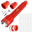 LeeLoon 8-in-1 Faucet & Sink Installer Wrench - Red, Plastic, Ratchet, Plumbing Tool - Includes 2 Replaceable Heads (34mm & 40mm), 40 Washer Gaskets, 2 Thread Seal Tape - Plumbing Wrench