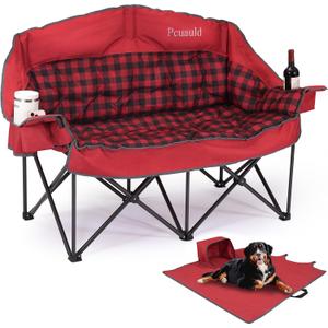 Double Camping Chair Padded Loveseat Camp Couch for Adults, Oversized 2 Person Love Seat with 2 in 1 Carry Bag, Heavy Duty Folding Outdoor Sofa with Cup Holders for Lawn Beach Tailgating, Red