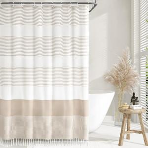 Awellife Boho Beige Shower Curtain for Bathroom Stripe Tassel Shower Curtain 84 X 72 Inches Farmhouse Cotton
