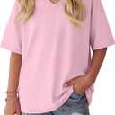 Oakgarden Girls' Shirts 5-14 Years Oversized Short Sleeve Summer T-Shirts V Neck Drop Shoulder Top Kids Casual Basic Cute Tee (Pink)