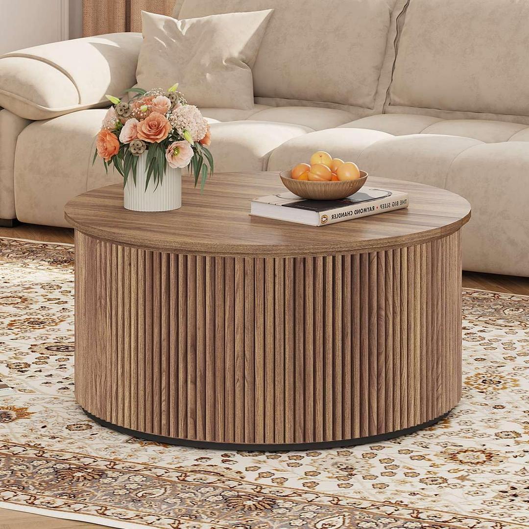 FATORRI Round Coffee Table, Fluted Woodern Center Table, Mid-Century Modern Coffee Tables for Small Space, Living Room, Bedroom (31.5 Inch, Walnut)