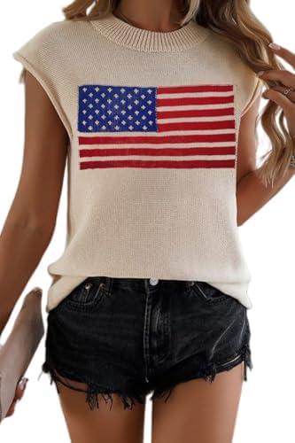 TKTSO Women American Flag Cap Sleeve Knit Sweater Vest Summer Crew Neck Sleeveless Top Casual Vacation Pullover Tank Top, Size: Small