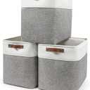 Large Fabric Storage Baskets | 50L Storage Bins, Decorative Linen Closet Baskets with Handles for Organizing, Shelf, Toys, Clothes, Home, Office, Nursery, 17x12x15Inches (Grey&White)