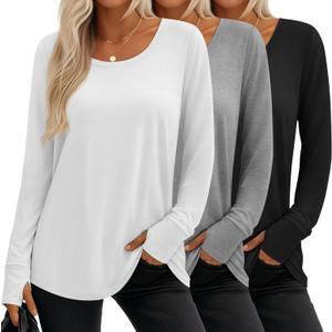 3 Pack Women's Long Sleeve Tunic Tops with Thumb Holes Cotton Scoop Neck T-Shirts Casual Loose Basic Tee Blouses (XX-Large, Black, White, Gray)