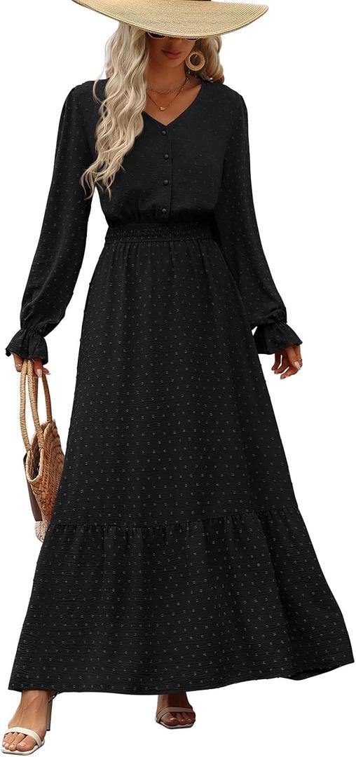 PRETTYGARDEN Women's Fall Maxi Dress 2024 V Neck Button Long Sleeve Swiss Dot High Waist Tiered Smocked Flowy Long Dresses (X-Large, Black)