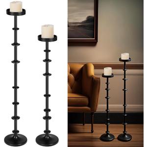 Maxdot Black Metal Pillar Candle Holder 36" 29" Tall Decorative Taper Candle Stand Set of 2 Floor Candlestick Holder Large Metal Black for Christmas Halloween Living Room