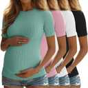 4 Pack Women's Maternity Shirts Ribbed Knit Short Sleeve Pregnancy Tops Crew Neck Work Tees Casual Summer Clothes (Medium, Mint Green, Pink, White, Black)
