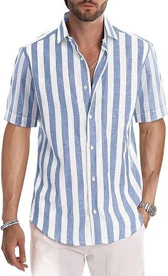 JMIERR Men's Casual Stylish Short Sleeve Button-Up Striped Dress Shirts Cotton Beach Shirt
Size L
