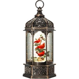 Cardinal Snow Globe Christmas Lantern Decorations With Timer & Music, USB & Battery Powered Birdcage Decor - 12.5 Inch