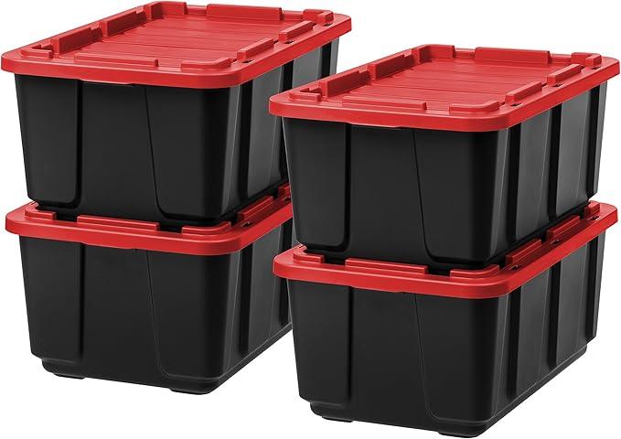 IRIS USA 27 Gallon (4Pack) Heavy Duty Storage Bins with Lids, Snap On Lid Stackable Industrial Totes, Rugged Tubs, Garage Organization, Reusable - Total 8 Units - Black/Red