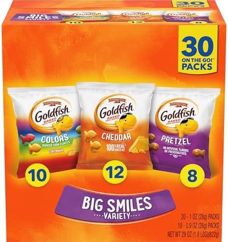 Goldfish Crackers Big Smiles Variety Pack with Cheddar, Colors, and Pretzels, Snack Packs, 30 Ct, BB 07/27/25