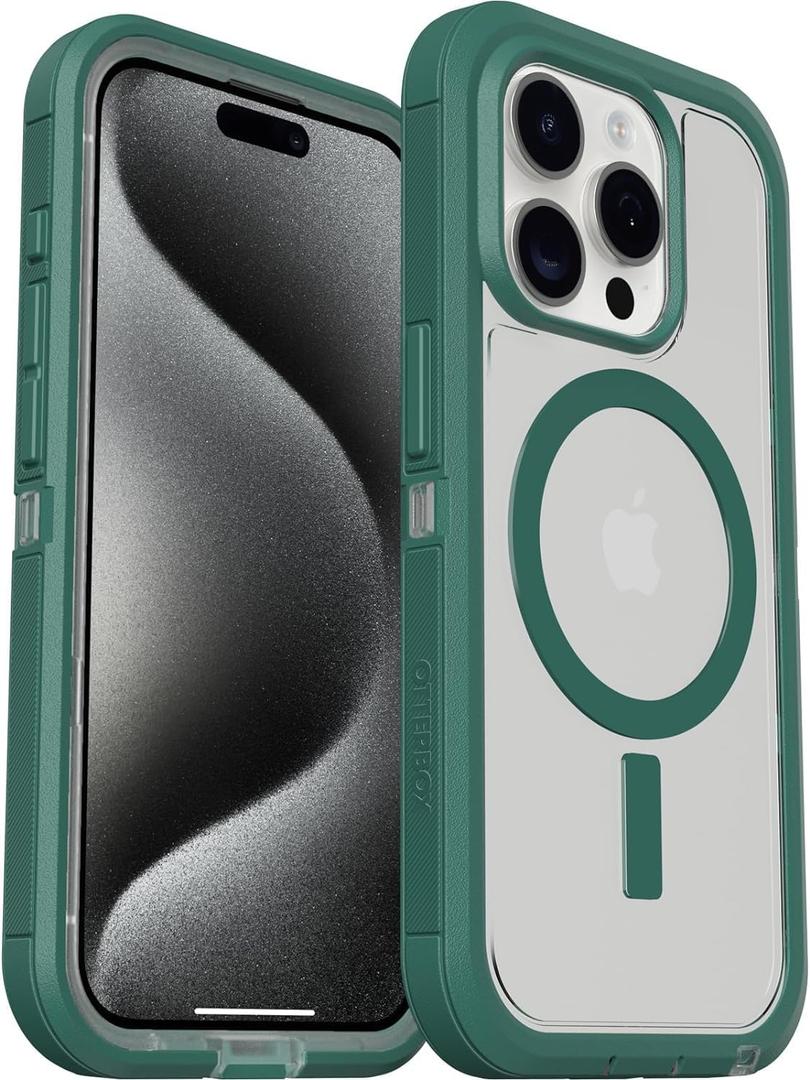 OtterBox iPhone 15 Pro Max Defender Series XT Case with MagSafe, Screenless, Rugged - Non-Retail Packaging - Clear/Green