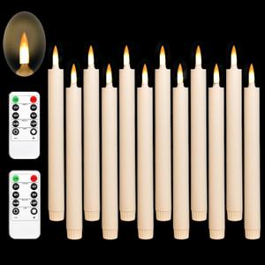Flameless Ivory Cone Candle Flicker with 10 Keys Remote Control, Battery Powered LED Warm 3D Wick Window Candle Plastic 12 Pack, Christmas Home Wedding Decoration (0.78x9.84 inches)