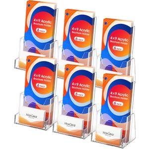 MaxGear 4x9 inch Brochure Holder, 6 Pack Acrylic Display Stand with Business Card Slot, Countertop Literature, Flyer, Trifold, Pamphlet, Booklet Menu Organizer