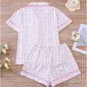 WDIRARA Women's 2 Piece Bow Cherry Print Pajama Set Short Sleeve Button Down Shorts Sleepwear Pjs (Pink, XL)