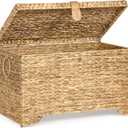 Handwoven Storage Basket with Lid, 165L Wicker Storage Bin, Natural Water Hyacinth, Leather Buckle & Metal Frame, Metal Ring Handles for Easy Transport, Storage Chest & Trunk for Bedroom, Living Room