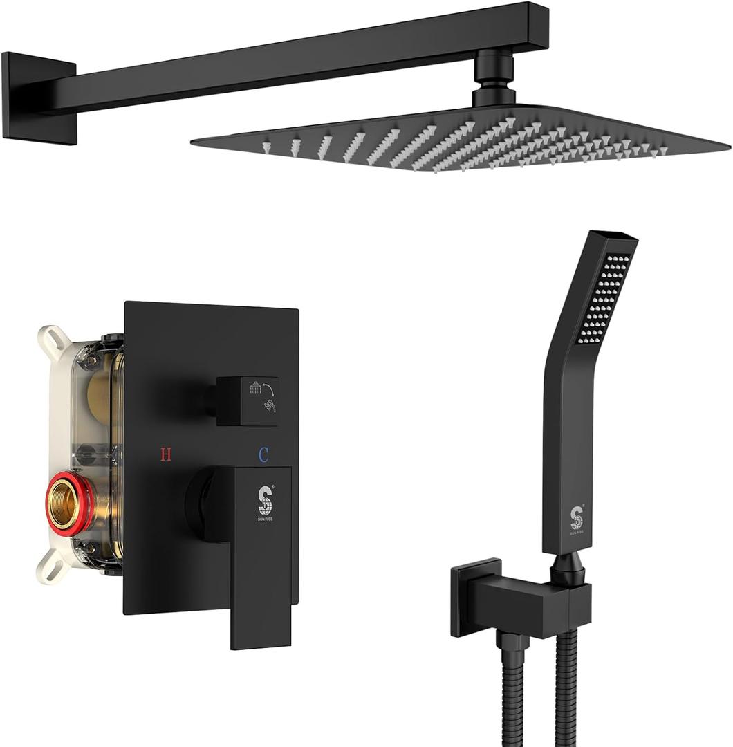 SR SUN RISE Black Square Rainfall Shower Head and Handle Set, Wall Mounted Shower Fixtures, Metal Shower Faucet Trim Repair Kits (With Shower Valve) (10 Inch)