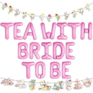 LaVenty Tea With Bride To Be Balloons Let's Par Tea Decorations Balloon Garland Arch Banner Floral Butterfly Teapot Banner for Bridal Shower Bachelorette Wedding Party