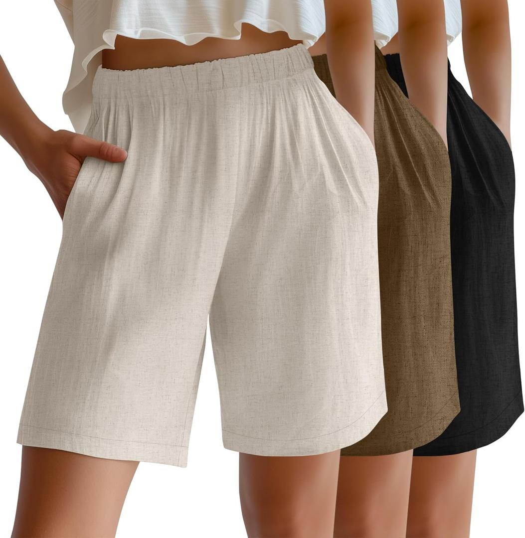 Riyiper 3 Pack Women's Linen Shorts Elastic High Waist Bermuda Wide Leg Summer Casual Lounge Short with Pockets(Linen, Khaki, Black, X-Large)