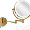 Hardwired Bathroom Makeup Mirror Wall Mount Gold, Double Sided 1/10X Magnifying Make up Mirror with Lights 3 Color & Adjustable Brightness, 360 Swing Arm Shaving Mirror, Brushed Moderne Brass
