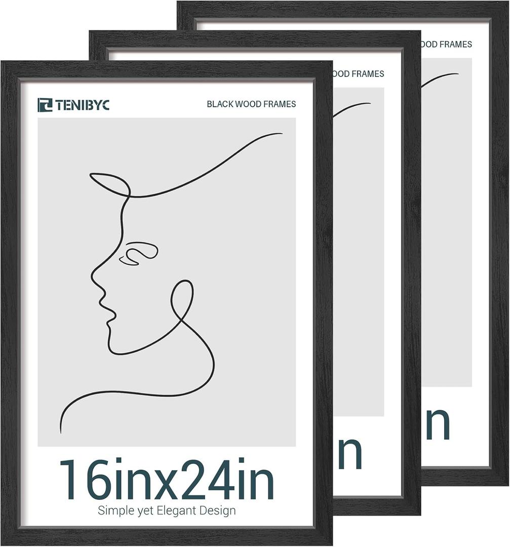 16x24 Poster Frames Set - 3 Pack - Black Solid Wood Picture Frame - Exclusive Woodgrain - Rooms, Offices, Gallery, Studio, and Hallway, Wall Display Decor