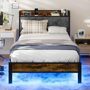 Twin Bed Frame with Smart LED Lights, Storage Headboard and USB Charging Station, Metal Platform Bed Easy Assembly, Noise Free, No Box Spring Needed