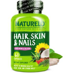 NATURELO Hair, Skin and Nails Vitamins - 5000 mcg Biotin, Collagen, Natural Vitamin E - Supplement for Healthy Skin, Hair Growth for Women and Men  60 Capsules (60 Count (Pack of 1))