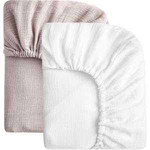 SOULFUL Muslin Crib Sheets for Boys Girls, 2 Pack Soft and Breathable Cotton Fitted Crib Sheets for Standard Crib Mattress (28"x 52", White & Mist Pink)