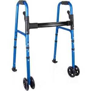 Walkers for Seniors & Adults, Folding Mobility Frame with 2 Skis & Dual 5 Inch Wheels, Lightweight Adjustable Height, Compact Standard Design, Blue