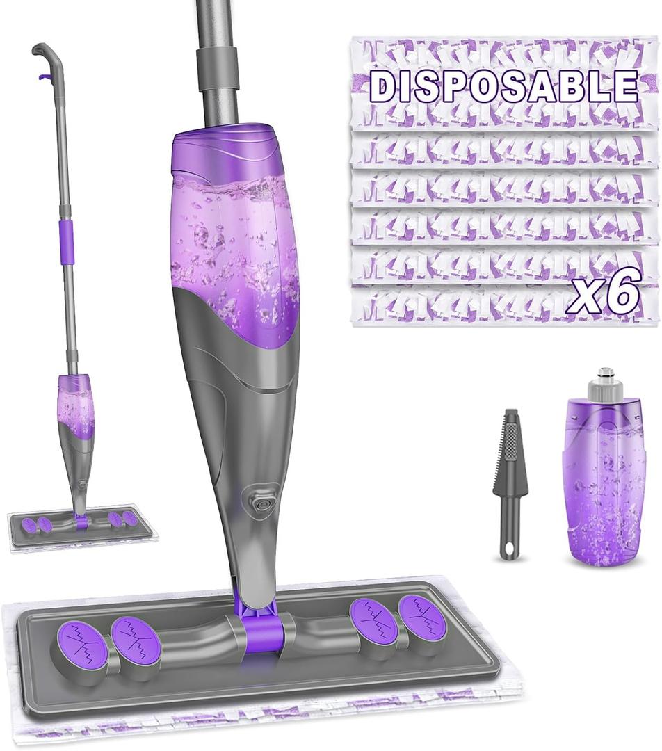 Spray Mops for Floor Cleaning - Wet Dry Mops with 6 Disposable Pads for Swiffer Powermop - Refillable Bottle for Hardwood Tile Home Kitchen - Absorbs Pet Hair Dust Stains (Gray)