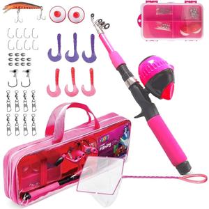 Play22 Kids Fishing Pole Pink - 40 Pc Kids Fishing Rod and Reel Combos - Fishing Poles for Youth Kids Includes Fishing Tackle, Fishing Gear, Fishing Lures, Net, Carry On Bag, Fully Fishing Equipment