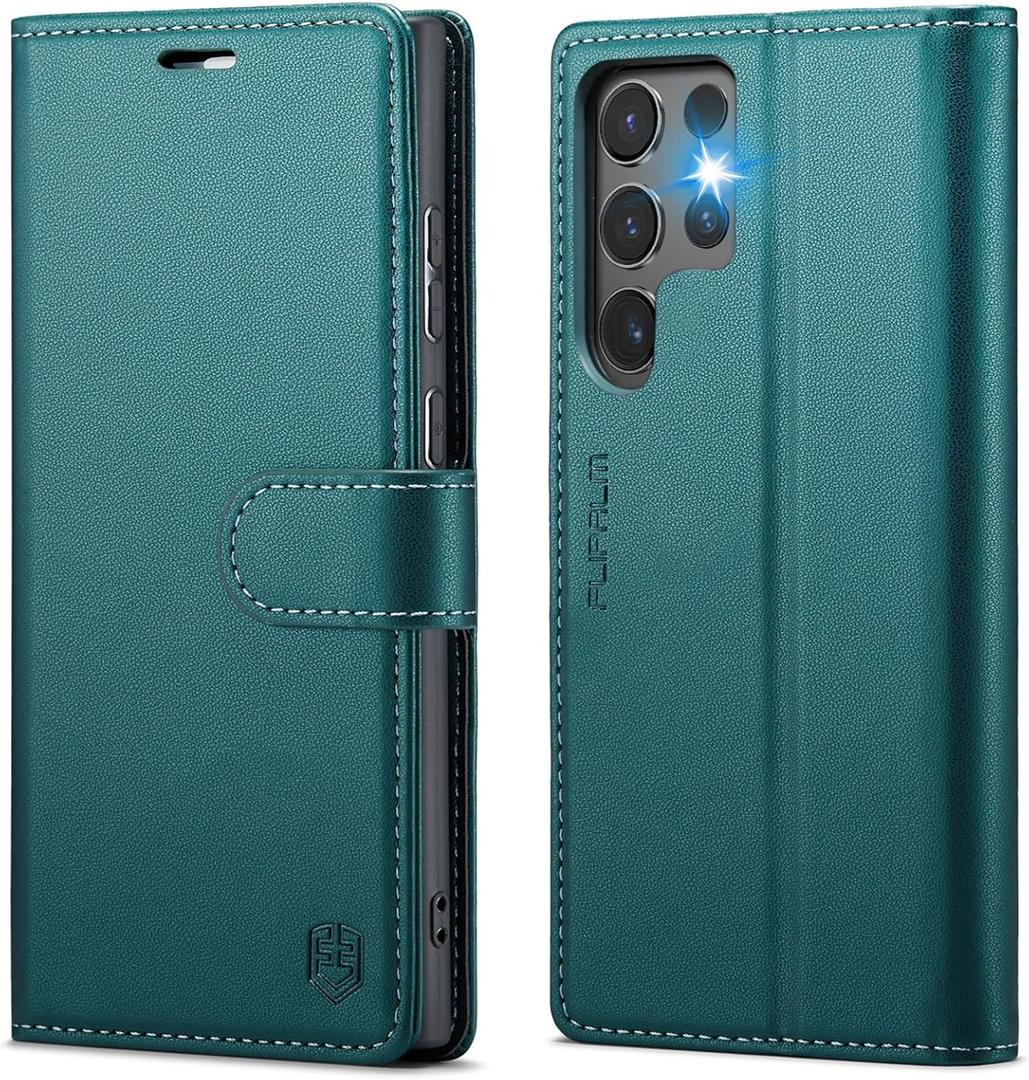 FLIPALM Wallet Case for Samsung Galaxy S25 Ultra, RFID Blocking Credit Card Holder, PU Leather Folio Flip Kickstand Protective Shockproof Cover for Galaxy S25 Ultra (Blue-Green)