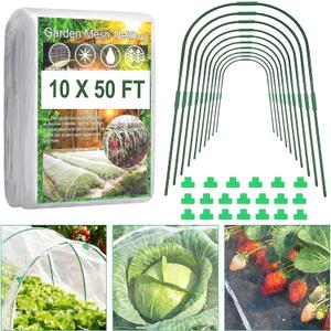 Garden Netting Kit, 10 X 50FT Garden Netting Pest Barrier with 10 Sets Garden Hoops and 20pcs Clips, Insect Netting Row Cover for Raised Beds Vegetable Fruits Flowers Protection