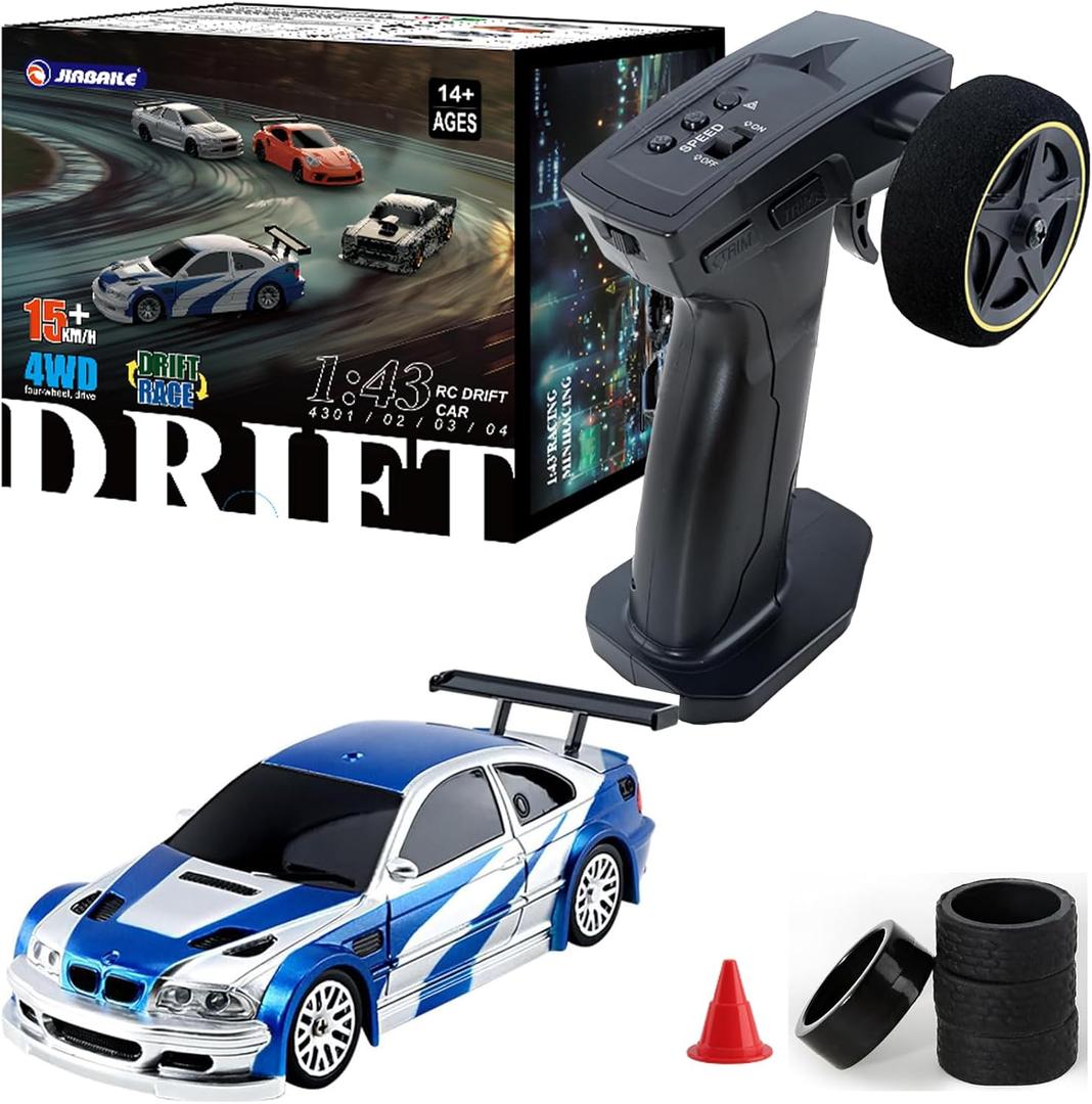 1/43 Mini RC Drift Car 2.4GHz RTR Full Proportional Remote Control Cars 4WD High Speed Racing Lights Kit and Racing Tires (4302) (Blue)