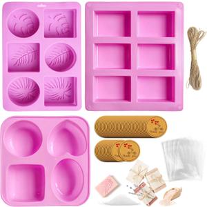 3Pcs Silicone Soap Molds for Soap Making with 50 Bags, 50 Tags, 66Ft Jute Twine, Round Square Oval Flower Soap Molds