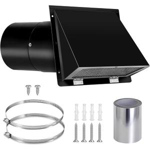 6 Inch Wall Vent Cover with Hood, Screen, Damper, Galvanized Steel Dryer Vent Cover for Outdoor Kitchen and Range Hood Ventilation, Outside Exhaust Vent for Home, Black