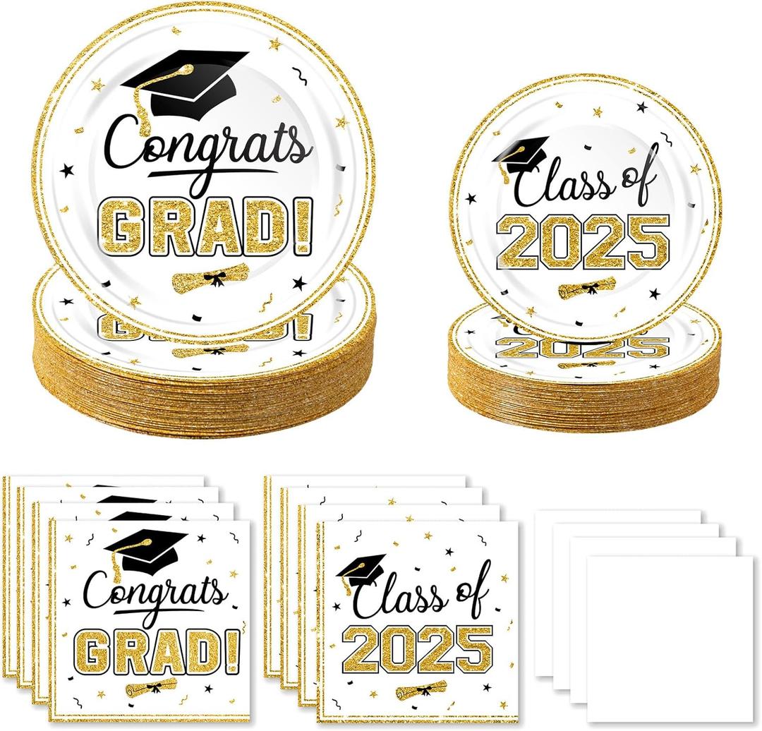 320Pcs Graduation Table Decorations Party Supplies - Black Gold Graduation Plates and Napkins Class of 2025 Disposable Dinnerware Set for College High School Congrats Graduation Party Favors, Serve 80