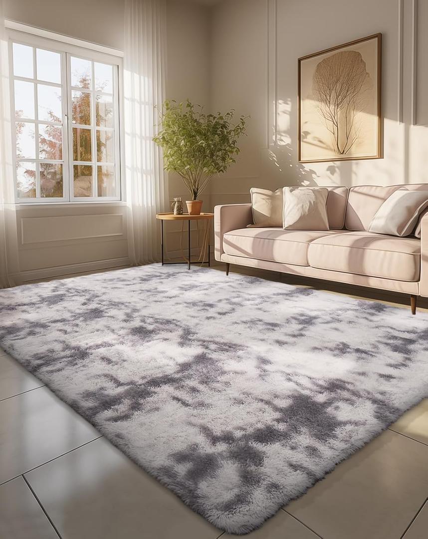 Ophanie 6x9 Tie-Dyed Grey&White Area Rugs for Living Room Bedroom, Fluffy Shag Large Fuzzy Plush Soft Throw Rug, Gray Large Shaggy Floor Big Carpets, Kids Home Decor Aesthetic, Nursery (6' x 9', 4- Tie-dyed Grey & White)