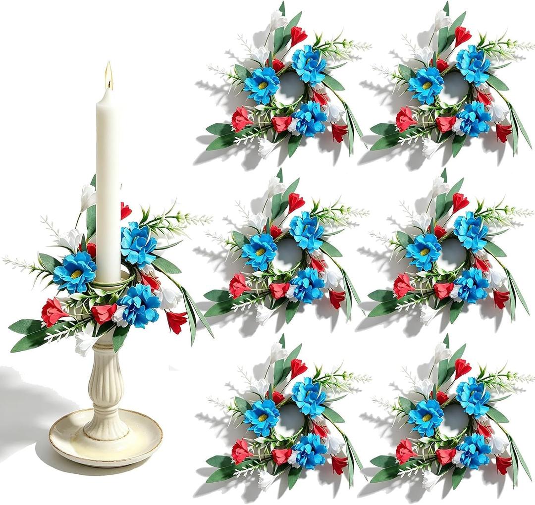 2 x 6 Pcs 1.38" Mini Taper Candle Rings Wreaths 4th of July Small Artificial Taper Candle Holder Wreath Candle Ring Wreath for Independence Day Farmhouse Home Candlesticks Table Centerpieces Decor