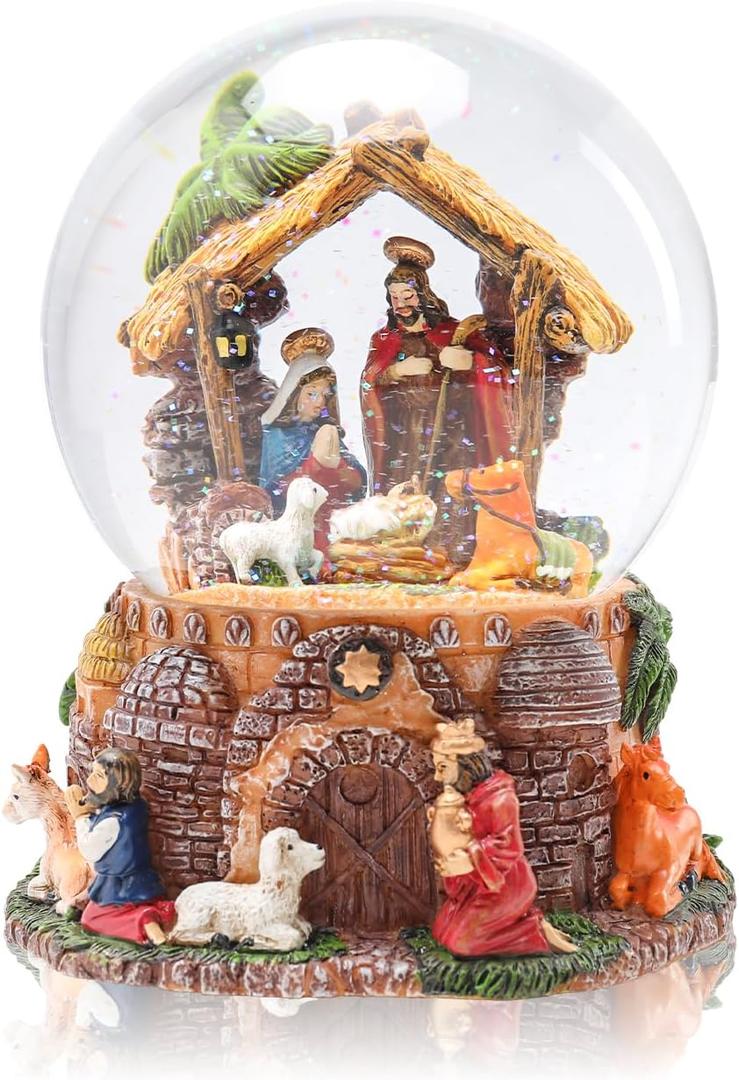 Christmas Snow Globe Musical  Nativity Water Snowglobes Large Snow Globes with 7 Change Colors LED Light Change Music Box Home Christmas Decor for Kids