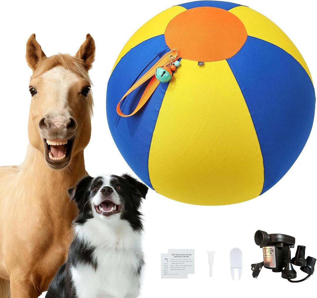 22" Herding Ball for Dogs with Bell Yellow & Blue Dog Ball for Large Dogs, Dog-Visible Colors, 900D Oxford Fabric, Non-Chew Interactive Dog Toy for Outdoor Training & Exercise with Air Pump Included
