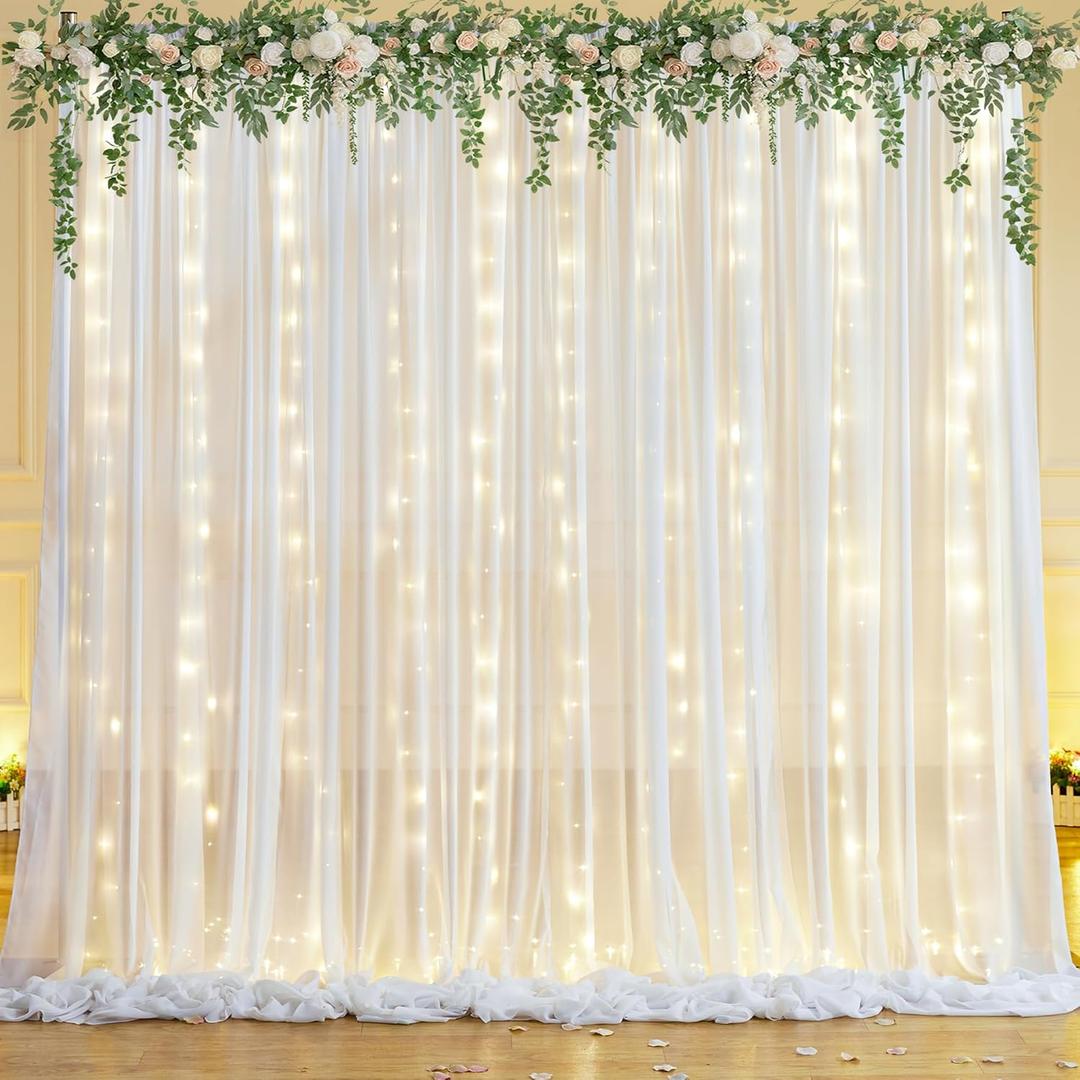 10x10ft White Chiffon Backdrop Curtain with Lights String for Wedding Sheer Tulle Curtain Photo Backdrops Drapes for Baby Shower Birthday Party Home Ceremony Decorations