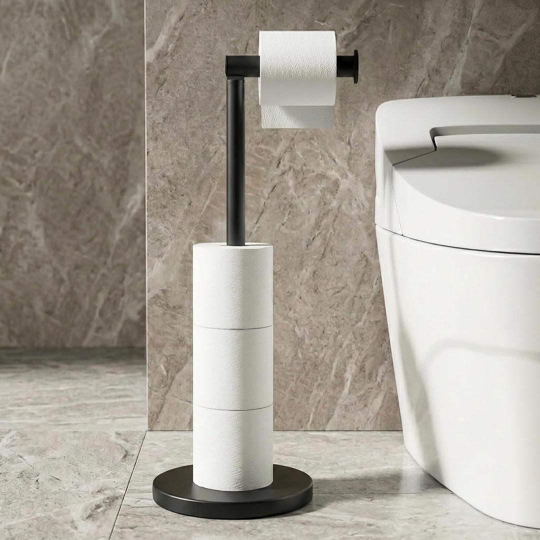 Cesun Extra Weighted Base Toilet Paper Holder Stand - SUS304 Rust Proof Free Standing Tissue Roll Holder for 4 Rolls, No Tipping, No Slipping, Matte Black