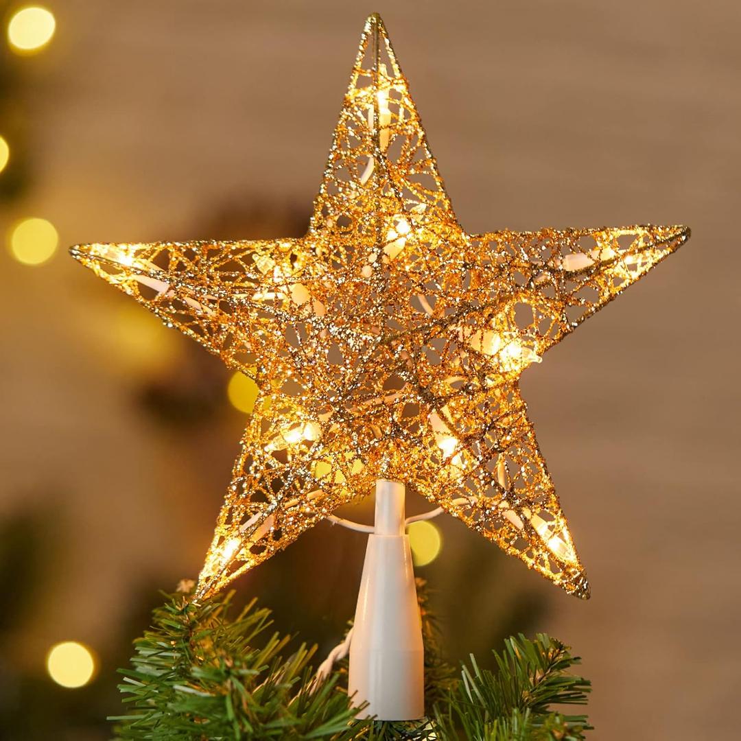 Christmas Star Tree Topper, Plug in 3D Twined Golden Star Metal Hollow Designed Christmas Tree Topper Decorations 9 inch,Built in 10 Bulbs for New Year Holiday Home Office Indoor