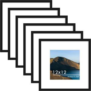 PEALSN 12x12 Picture Frame Set of 6, Display Pictures 8 x 8 with Mat or 12 x 12 without Mat for Wall Mounting Display, Photo Frames Collage for Wall Decor, Black.